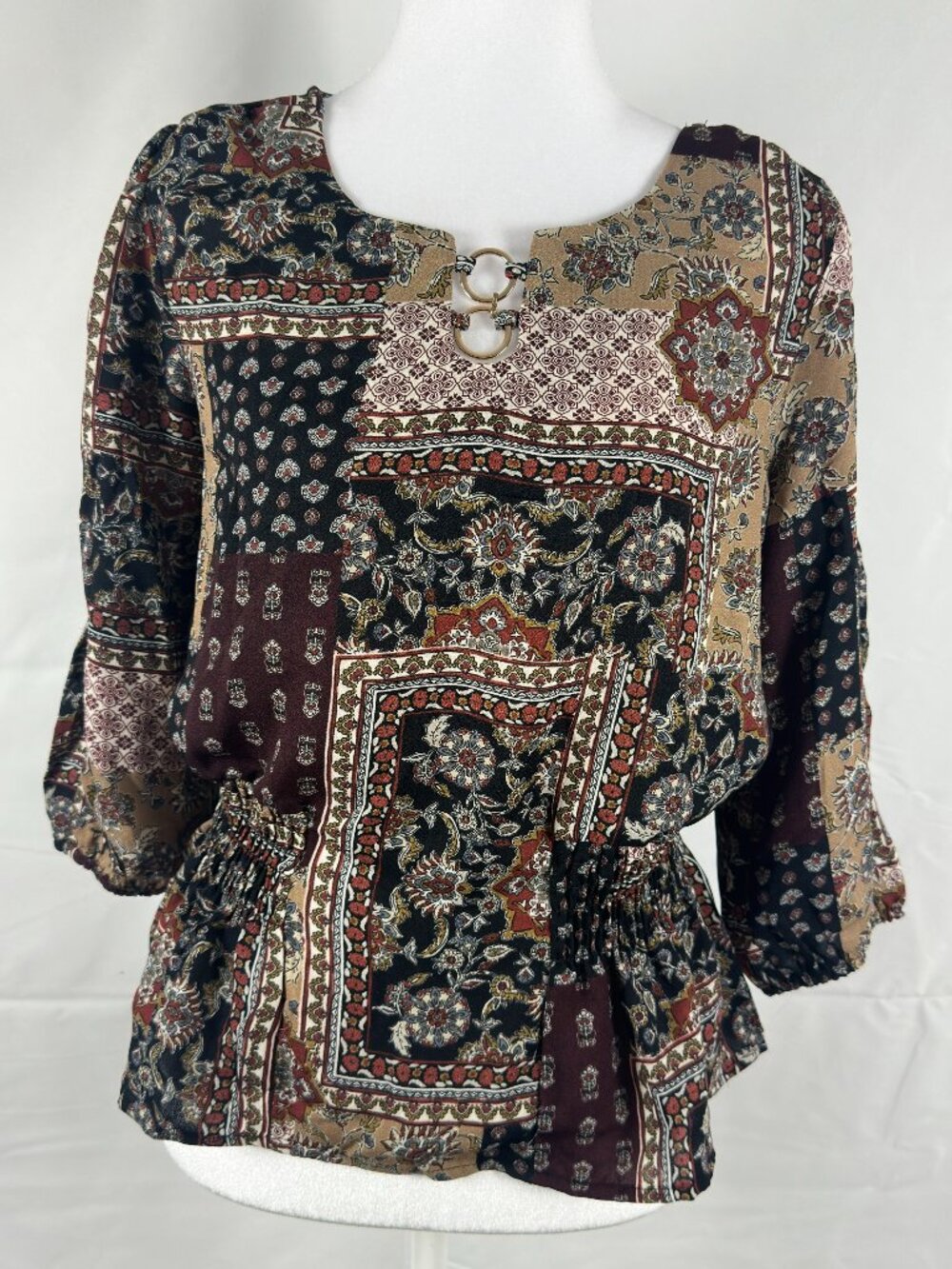 A.U.W Secret Charm Boho Patchwork Blouse – Ring Detail – Large, NWT, Fall, Work